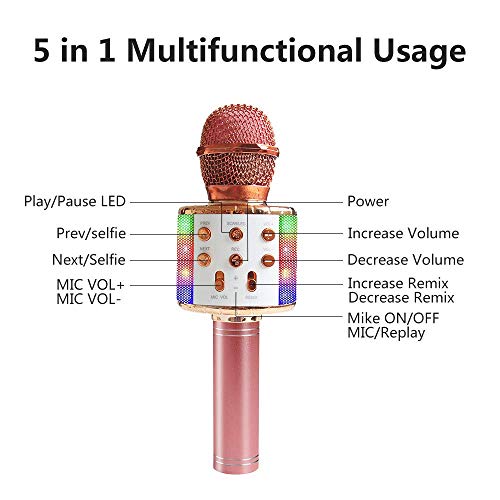 ASENTER Micrófono Inalámbrico Bluetooth Karaoke con luces LED,Infantil Portátil de mano Speaker Machine Birthday Home Party Compatible con Android/iOS/PC/AUX o Teléfono Inteligente (Oro Rosa)
