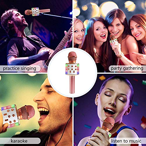 ASENTER Micrófono Inalámbrico Bluetooth Karaoke con luces LED,Infantil Portátil de mano Speaker Machine Birthday Home Party Compatible con Android/iOS/PC/AUX o Teléfono Inteligente (Oro Rosa)