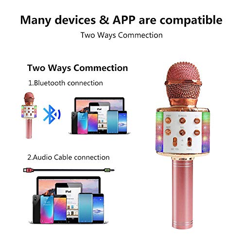 ASENTER Micrófono Inalámbrico Bluetooth Karaoke con luces LED,Infantil Portátil de mano Speaker Machine Birthday Home Party Compatible con Android/iOS/PC/AUX o Teléfono Inteligente (Oro Rosa)