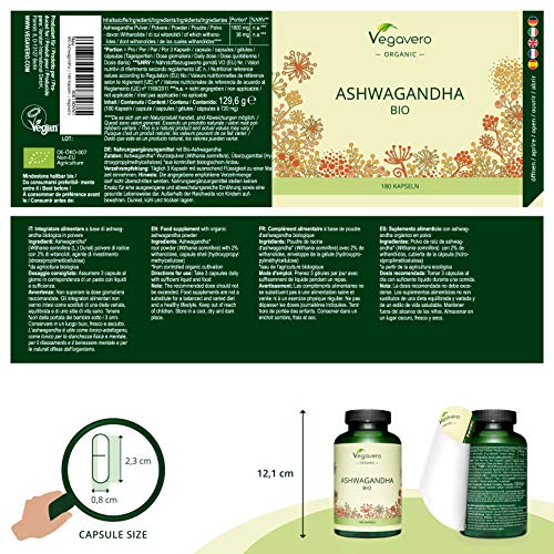Ashwagandha Orgánica Vegavero® | La Dosis Más Alta: 1800 mg | 36 mg de Withanólidos | SIN ADITIVOS | Ansiedad + Estrés + Insomnio | 180 Cápsulas | Ashwaganda KSM-66 | Withania Somnifera