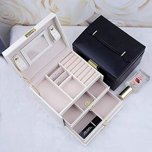 Asvert Caja Joyero Organizador de Joyerías 3 Niveles Cuero con Espejo para Pendientes, Pulseras, Anillos, Almacenamiento y Expositor 17.5x14x13cm, Blanco Perlado