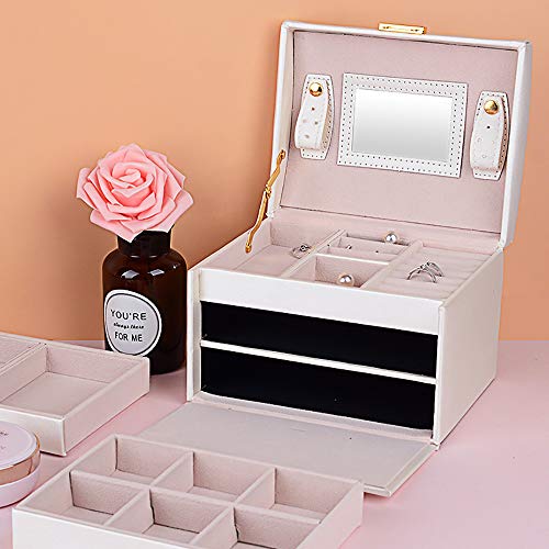 Asvert Caja Joyero Organizador de Joyerías 3 Niveles Cuero con Espejo para Pendientes, Pulseras, Anillos, Almacenamiento y Expositor 17.5x14x13cm, Blanco Perlado