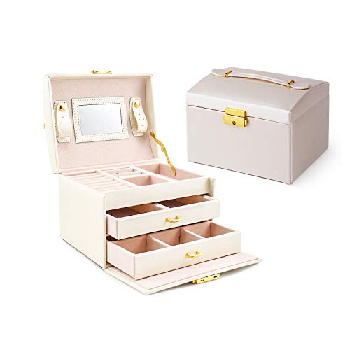 Asvert Caja Joyero Organizador de Joyerías 3 Niveles Cuero con Espejo para Pendientes, Pulseras, Anillos, Almacenamiento y Expositor 17.5x14x13cm, Blanco Perlado