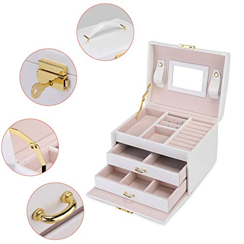 Asvert Caja Joyero Organizador de Joyerías 3 Niveles Cuero con Espejo para Pendientes, Pulseras, Anillos, Almacenamiento y Expositor 17.5x14x13cm, Blanco Perlado