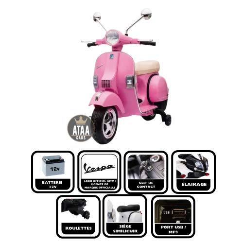 ATAA Vespa clásica Oficial 12v Licencia Piaggio - Rosa - Moto eléctrica para niños hasta 7 años. Batería 12v portamaletas de Regalo
