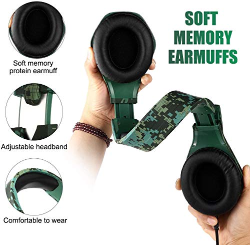 Auriculares para juegos para PS4 Xbox One PC Auriculares con micrófono Luz LED con cancelación de ruido sobre el oído Compatible con Nintendo Switch Games Laptop Mac PS3 (Camuflaje verde)