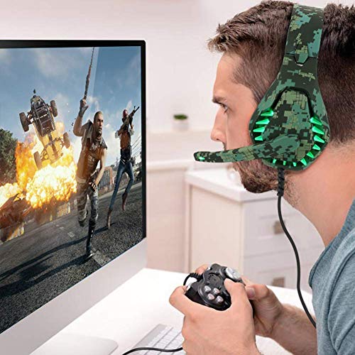 Auriculares para juegos para PS4 Xbox One PC Auriculares con micrófono Luz LED con cancelación de ruido sobre el oído Compatible con Nintendo Switch Games Laptop Mac PS3 (Camuflaje verde)
