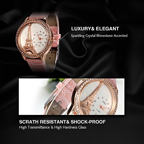 Avaner Rosa Reloj para Mujer La Torre Eiffel con Diamantes Reloj de Pulsera para Chica, Diseño Vintage Romantico Regalo Dia de la Madre