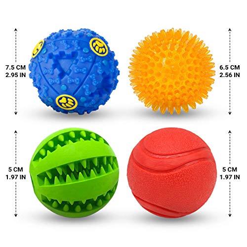 AWIIK - Pack de 4 Pelotas de Juguetes interactivos para Perros. Bolas de Caucho y Goma Resistentes para morder, Limpiar Dientes, dispensadoras de Comida y Entrenamiento. Small: para Perros PEQUEÑOS