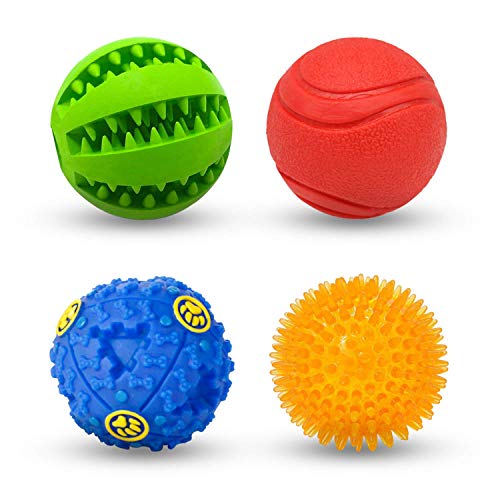 AWIIK - Pack de 4 Pelotas de Juguetes interactivos para Perros. Bolas de Caucho y Goma Resistentes para morder, Limpiar Dientes, dispensadoras de Comida y Entrenamiento. Small: para Perros PEQUEÑOS