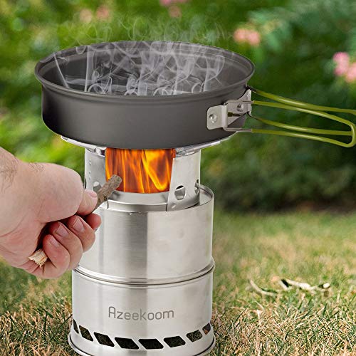 Azeekoom Estufa de Leña Camping, Hornillo Alcohol Portátil con Cuchillo Plegable Tenedor Cuchara Fuelle de Fuego para Excursionismo al Aire Libre Senderismo Senderismo Picnic Barbacoa