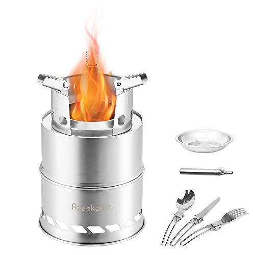 Azeekoom Estufa de Leña Camping, Hornillo Alcohol Portátil con Cuchillo Plegable Tenedor Cuchara Fuelle de Fuego para Excursionismo al Aire Libre Senderismo Senderismo Picnic Barbacoa