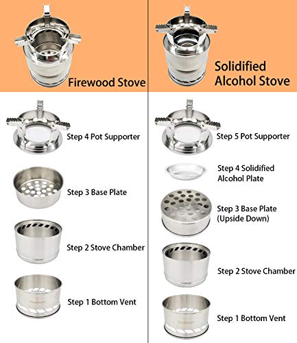 Azeekoom Estufa de Leña Camping, Hornillo Alcohol Portátil con Cuchillo Plegable Tenedor Cuchara Fuelle de Fuego para Excursionismo al Aire Libre Senderismo Senderismo Picnic Barbacoa