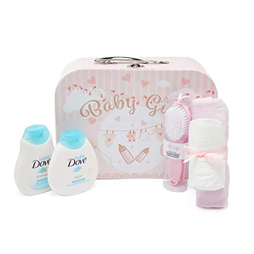 Baby Box Shop Cesta para Bebé para Regalo Baby Shower Niña con Accesorios para Recién Nacido - Incluye Sonajero - Marco de Foto - Muselina Bebé - Babero de Bebé - Calcetines - Manoplas y Gorrito bebé