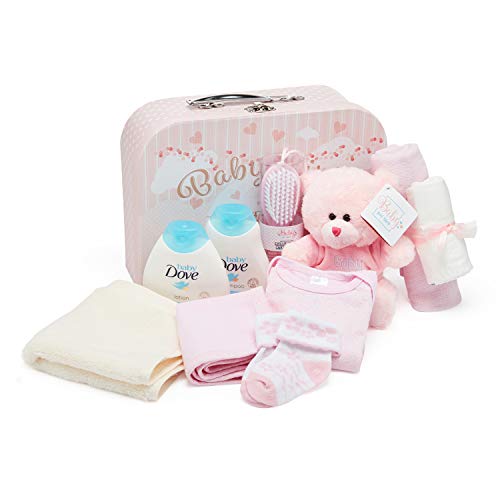 Baby Box Shop Cesta para Bebé para Regalo Baby Shower Niña con Accesorios para Recién Nacido - Incluye Sonajero - Marco de Foto - Muselina Bebé - Babero de Bebé - Calcetines - Manoplas y Gorrito bebé