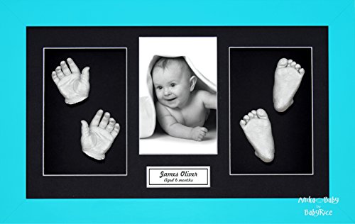 BabyRice – gran bebé casting Kit (ideal para gemelos.), 14,5 x 8,5 "marco azul, montura de color negro, plata metálico pintura