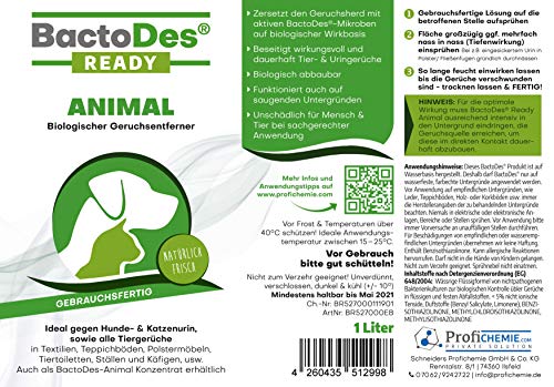 BactoDes Animal Ready – Eliminador de olores en espray, Listo para Usar, Limpiador enzimático contra la orina de Gatos, orina de Perros, olores de Animales