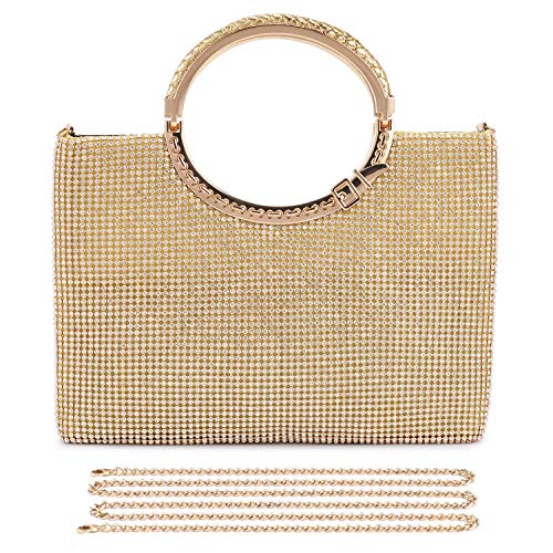 BAIGIO Bolso de Boda, Clutch Mujer Fiesta Carteras de Mano Ceremonia Bolso de Noche Embrague Bandolera con Cadena Novia, Diamantes (Dorado)