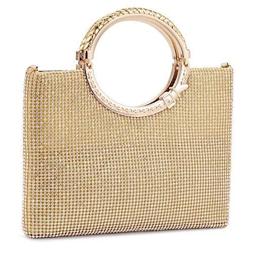 BAIGIO Bolso de Boda, Clutch Mujer Fiesta Carteras de Mano Ceremonia Bolso de Noche Embrague Bandolera con Cadena Novia, Diamantes (Dorado)