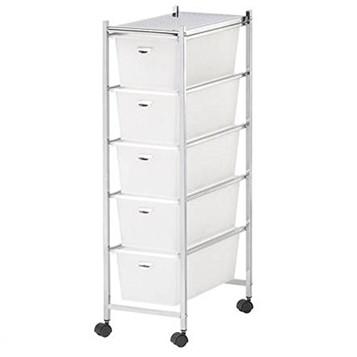 BAKAJI Carro Multiusos de Acero Cromado cajonera 5 cajones y 4 Ruedas Carrito Organizador Espacio para baño casa Oficina Esteticista Trabajo (Blanco)