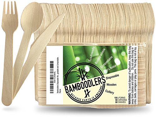 BAMBOODLERS Cubiertos de Madera Desechables | 100% Natural, Ecológicos, y Biodegradables- ¡Porque la Tierra es un Lugar Asombroso! Paquete de 200: 100 tenedores, 50 cucharas, 50 cuchillos (16.5 cm)