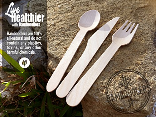BAMBOODLERS Cuchillos de Madera Desechables | 100% Natural, Ecológicos, Biodegradables y Compostable- ¡Porque la Tierra es un Lugar Asombroso! Paquete de 100 cuchillos (16.5 cm)