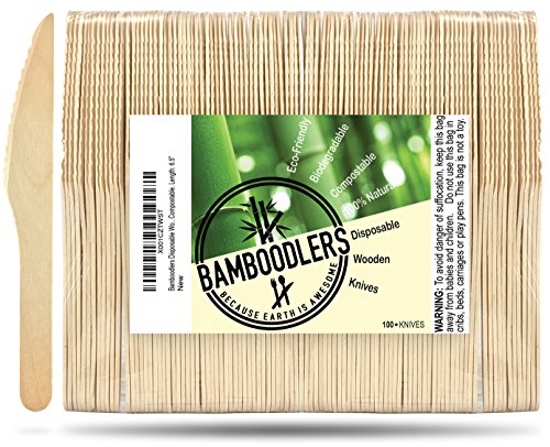 BAMBOODLERS Cuchillos de Madera Desechables | 100% Natural, Ecológicos, Biodegradables y Compostable- ¡Porque la Tierra es un Lugar Asombroso! Paquete de 100 cuchillos (16.5 cm)