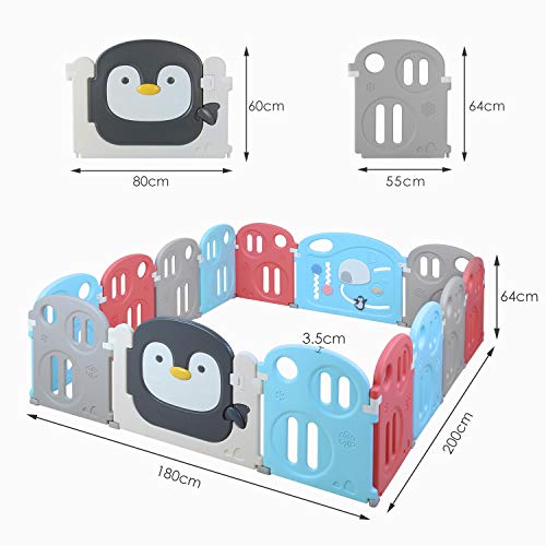 Bamny Parque Infantil Bebe con Puerta de Plástico Extensible, Corralito Bebe Plegable para Niños de 0 a 6 Años (Pingüino, 12 + 2)