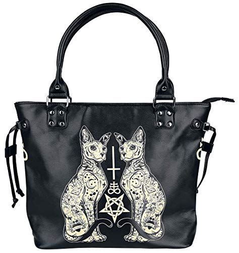 Banned Alternative Esoteric Cat Bag Mujer Bolsa de Mano Negro-Blanco, Poliuretano,