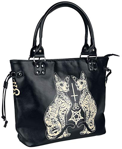 Banned Alternative Esoteric Cat Bag Mujer Bolsa de Mano Negro-Blanco, Poliuretano,