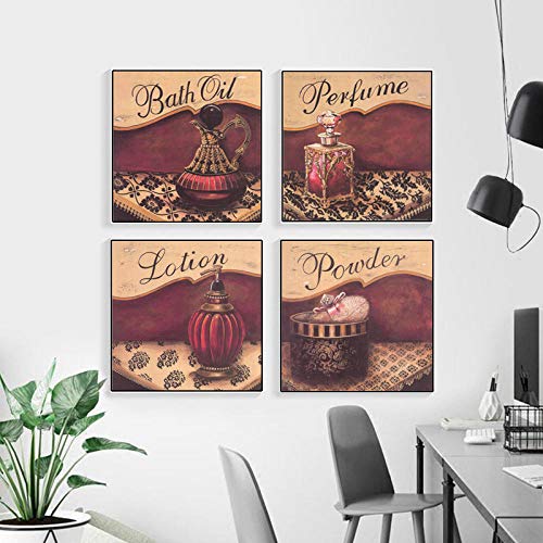 Baño retro aceite perfume loción en polvo Still Life Wall Art Canvas Painting Vintage Home Decor Print Poster Square bathroom Wall Picture Decor Poster HD Sin marco 40 * 40cm*4