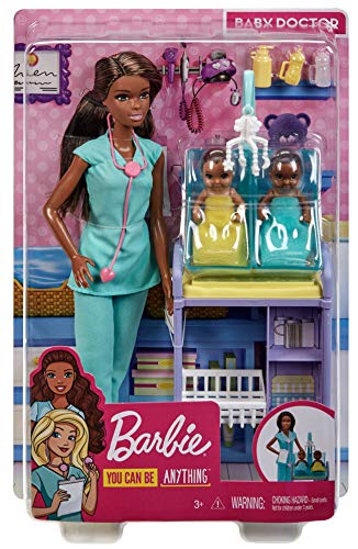 Barbie Quiero Ser pediatra, muñeca morena con bebés y accesorios (Mattel GKH24)