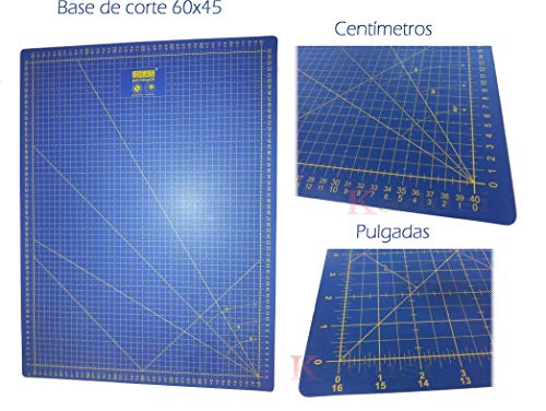 Base de corte Patchwork profesional Azul 60x45 auto cicatrizante de alta calidad por una lado en centímetros y por el otro en pulgadas