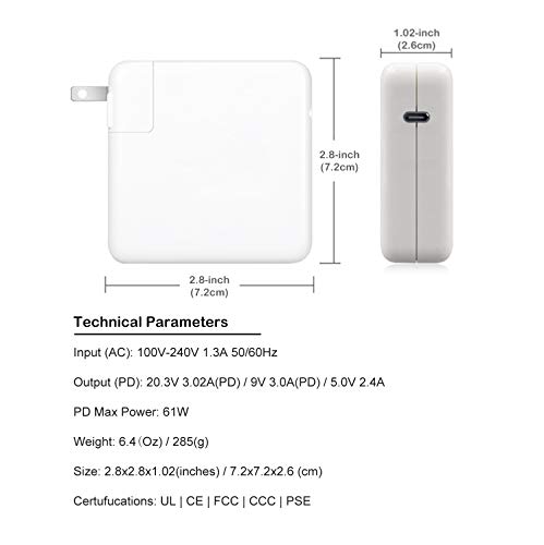 BatPower 61W USB C Adaptador de Corriente del Cargador para 2019 2018 2016 2017 MacBook Pro 13 Inch 2018 MacBook Air Charger Adapter Apple 61W MNF72LL/A A1706 A1718 Power Supply USB-C Cordon Euro