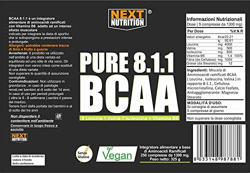 BCAA 8: 1: 1 250 Tabletas 1300MG Siguiente Aminoácidos Ramificados 811 + Vitamina B6 Alta Dosis de Leucina SIN GLUTEN SIN LACTOSA Aumento Masa Muscular Promueve la Recuperación