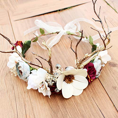 Beaupretty diadema de flores corona de asta de reno corona de flores diadema para niñas nupciales mujeres boda fiesta de navidad accesorios para el cabello