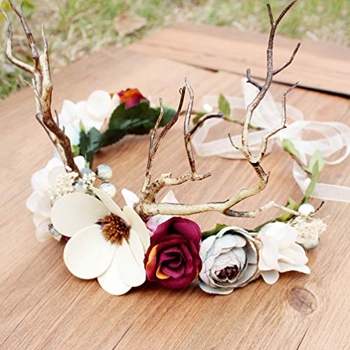 Beaupretty diadema de flores corona de asta de reno corona de flores diadema para niñas nupciales mujeres boda fiesta de navidad accesorios para el cabello
