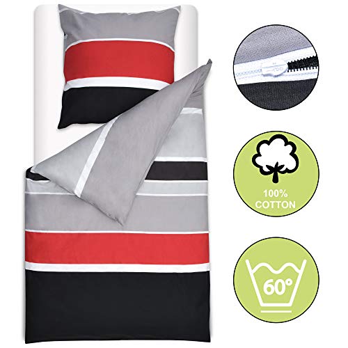 Beautissu Ropa de Cama Juego de sábanas 135x200 cm Delia - Funda de edredón A Rayas con Cremallera 100% algodón - Sábana y Almohada 80x80 cm