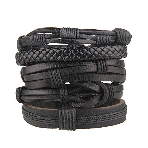 Beauty7 5 Pcs Pulseras Étnico Retro de Cuero Trenzadas Pulseras del Correa del Trenzado Brazalete Ajustable para Hombres Mujeres Leather Wristbands