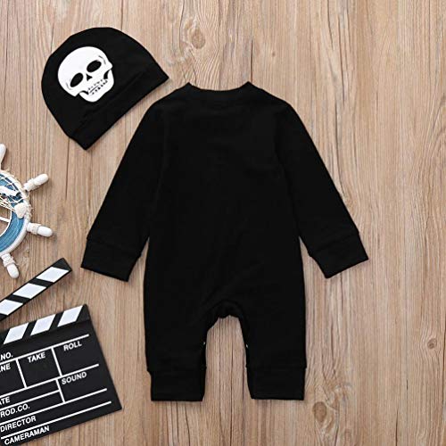 Bebe Niño Halloween Disfraz Esqueleto Peleles de Manga Larga + Sombrero (6 Meses, Negro)