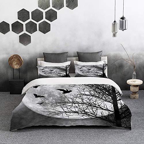 Bedding Juego de Funda de Edredón -Cielo Vacaciones Murciélagos embrujados Noche de vuelo Luna llena Truco espeluznante Misteri/Microfibra Funda de Nórdico (Cama 240 x 260 cm + Almohada 50X80 cm)