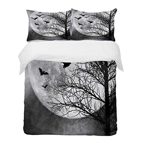 Bedding Juego de Funda de Edredón -Cielo Vacaciones Murciélagos embrujados Noche de vuelo Luna llena Truco espeluznante Misteri/Microfibra Funda de Nórdico (Cama 240 x 260 cm + Almohada 50X80 cm)