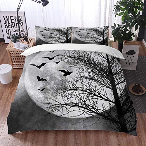 Bedding Juego de Funda de Edredón -Cielo Vacaciones Murciélagos embrujados Noche de vuelo Luna llena Truco espeluznante Misteri/Microfibra Funda de Nórdico (Cama 240 x 260 cm + Almohada 50X80 cm)