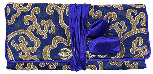 Bees Knees Fashion Saco De Maquillaje De Seda Bordado En Oro Azul Marino Con Rollo De Joyería