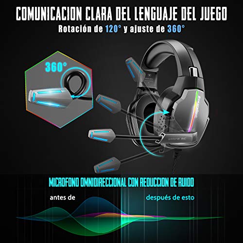 Beexcellent Cascos Gaming PS4, 4 Modos de Iluminación RGB y Orejeras Giratorias de 180°, Auriculares Estéreo Avanzados para Juegos con Micrófono Flexible, Compatibles con PS4/PS5/Xbox One/PC/Switch