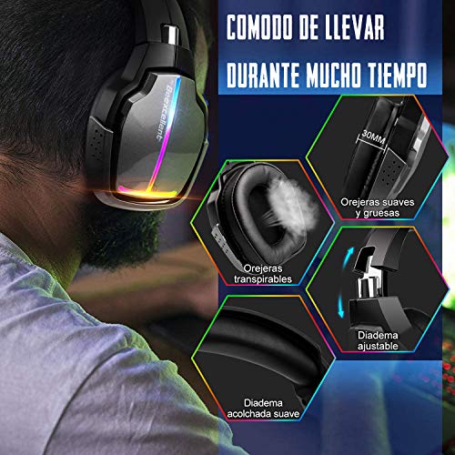 Beexcellent Cascos Gaming PS4, 4 Modos de Iluminación RGB y Orejeras Giratorias de 180°, Auriculares Estéreo Avanzados para Juegos con Micrófono Flexible, Compatibles con PS4/PS5/Xbox One/PC/Switch