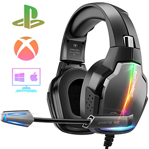 Beexcellent Cascos Gaming PS4, 4 Modos de Iluminación RGB y Orejeras Giratorias de 180°, Auriculares Estéreo Avanzados para Juegos con Micrófono Flexible, Compatibles con PS4/PS5/Xbox One/PC/Switch