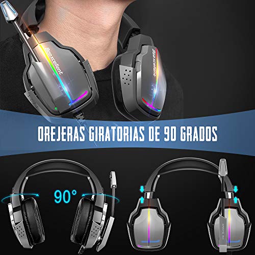 Beexcellent Cascos Gaming PS4, 4 Modos de Iluminación RGB y Orejeras Giratorias de 180°, Auriculares Estéreo Avanzados para Juegos con Micrófono Flexible, Compatibles con PS4/PS5/Xbox One/PC/Switch