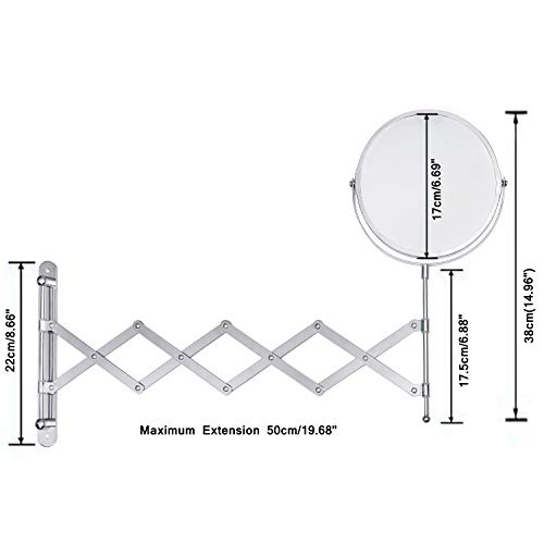 BELLE VOUS Espejos de Aumento de Pared - 360° Extensible Acero Inoxidabl Pared Espejo con 1x y 3X Doble Cara Aumento y 2 Tornillos, 2 Tacos Ideal para Aplicar Maquillaje, Afeitar, Bano