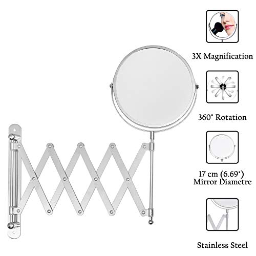 BELLE VOUS Espejos de Aumento de Pared - 360° Extensible Acero Inoxidabl Pared Espejo con 1x y 3X Doble Cara Aumento y 2 Tornillos, 2 Tacos Ideal para Aplicar Maquillaje, Afeitar, Bano